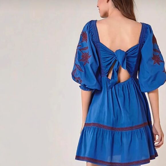 OMIKA Anthropologie Dunmore Square Neck Smock Tie Back Embroidered Mini Dress XS - Picture 2 of 10